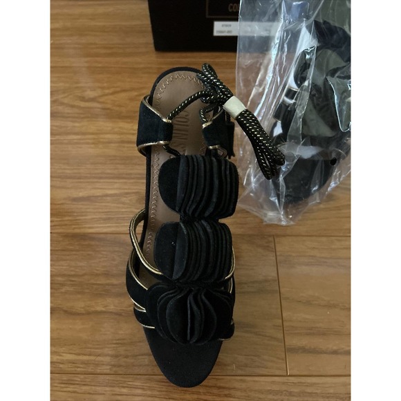 Colin Stuart Black Platform Stiletto Pumps Black Gold Ruffled Tie Up New 7.5 - Picture 3 of 8